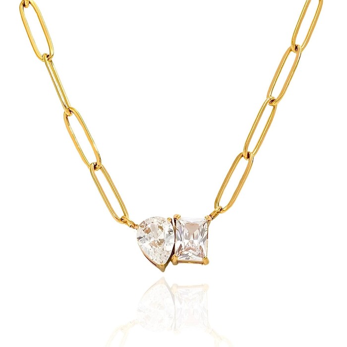 European and American New Style Cross-Border Retro 18K Gold Plated Color-Retaining Pear-Shaped Square Zircon Necklace Color-Retaining