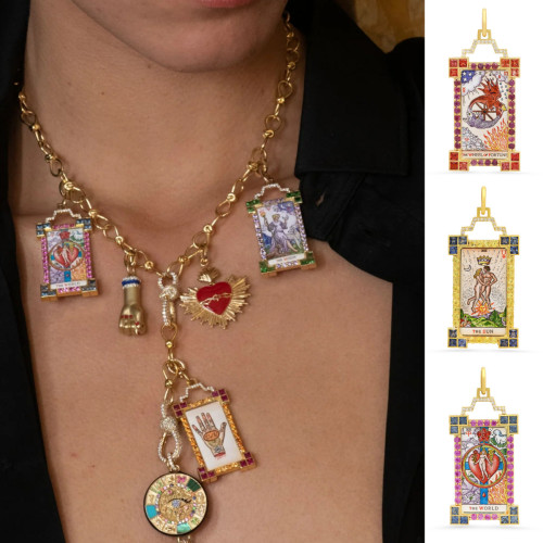 Bohemian Style Large Square Tarot Card Necklace for Women Sun Moon Demon Eye Necklace Heart Long Necklace