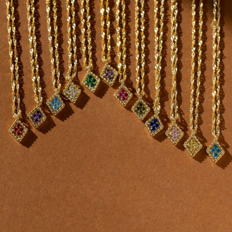 December Birthstone Necklace Quadrilateral December Birthstone Pendant Colorful Zircon Collarbone Chain for Women Titanium Steel Color Retention