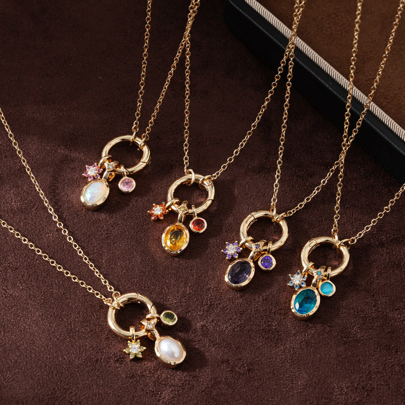 DIY Birthstone Necklace 12 Zodiac Stone Pendant Zircon Collarbone Chain Cross-Border Real Gold Plated Jewelry Wholesale Color Retention for Women