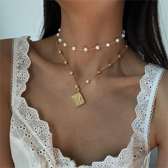 Open and Close Star Moon Inlaid Diamond Necklace You're My Soulmate Artistic Retro Collarbone Chain