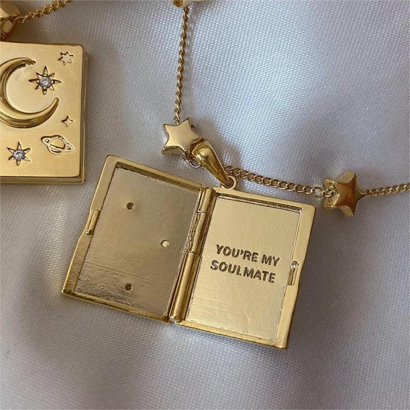 Open and Close Star Moon Inlaid Diamond Necklace You're My Soulmate Artistic Retro Collarbone Chain