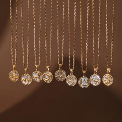 Stainless Steel European and American 12 Zodiac Shell Zodiac Coin Necklace Furnace Vacuum Plating 18k Gold Color Retention