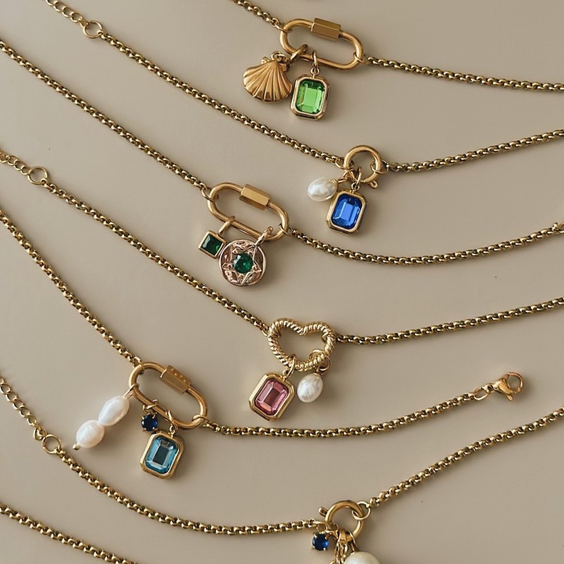 Stainless Steel European and American Colorful 12 Birthstone Pendant DIY Accessories Necklace Basic Chain Adjustable Circle Braided Circle Necklace