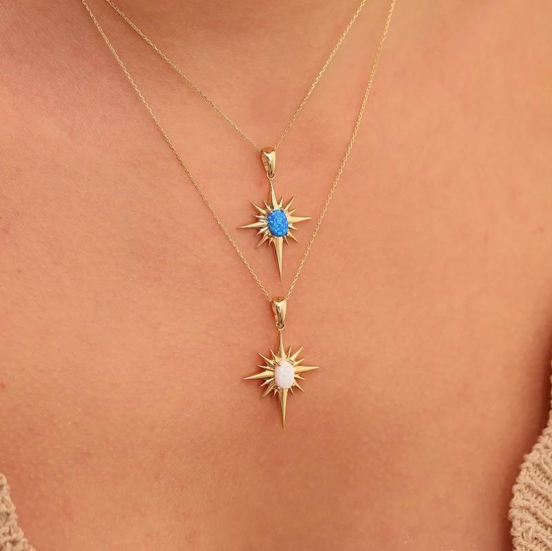 Cross-Border Stainless Steel Natural Australian Gemstone Vintage Artistic Necklace Clavicle Chain Hexagram 18K Gold Plated Necklace