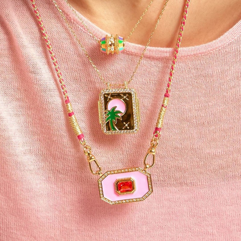 Cross-Border European and American Hot-Selling Colorful Tarot Card Pink Oil-Drip Inlaid Diamond Fashion Niche Design Necklace for Women Wholesale