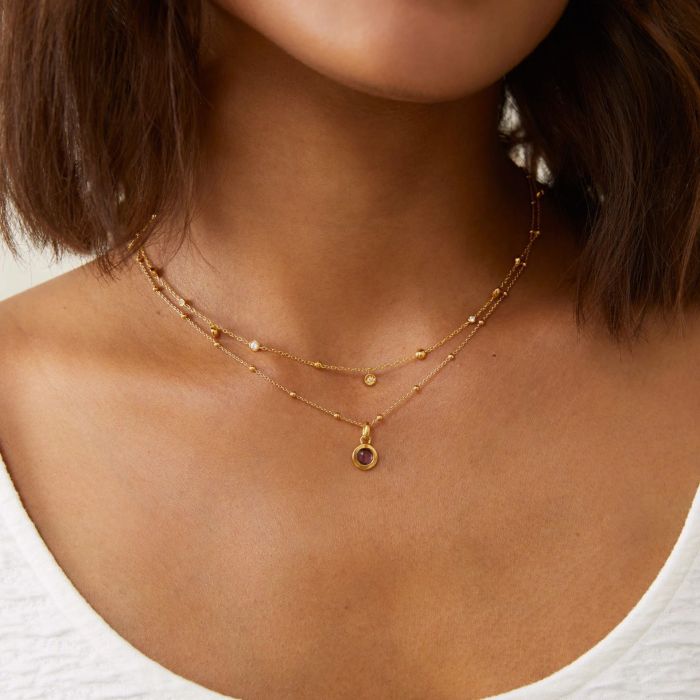 Stainless Steel Twelve Birthstone Pendant Necklace Exquisite Zircon Collarbone Round Bead Chain Versatile Necklace 18K Gold Plated
