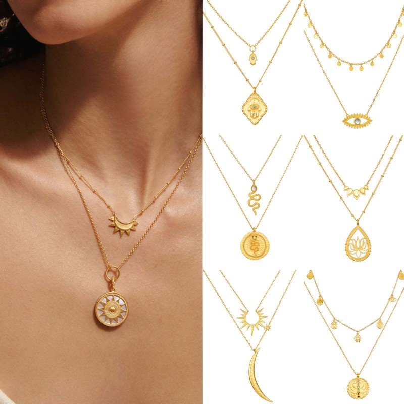 Stainless Steel European and American Sun and Moon Double Layer Stacked Devil's Eye Snake Necklace Electroplated 18K Real Gold Color Retention