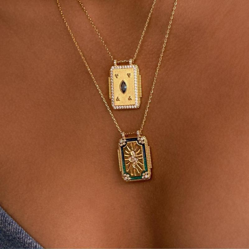 Cross-Border Hot-Selling Jewelry New Square Bohemian Artistic Retro Style Tarot Card Necklace Women's Rope Long Necklace