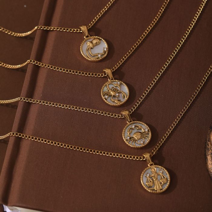 Stainless Steel European and American 12 Zodiac Shell Zodiac Coin Necklace Furnace Vacuum Plating 18k Gold Color Retention
