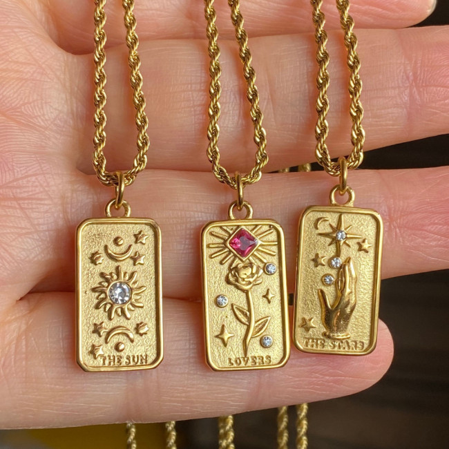 Stainless Steel Niche Design Flower Sun God Rectangular Three-Dimensional Relief Inlaid Diamond Eight-Pointed Star Necklace Sweater Chain