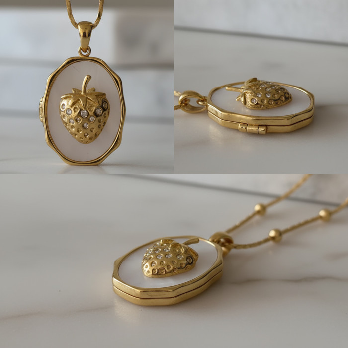 Amazon Strawberry Shell Photo Album Fruit Photo Frame Necklace Vintage Openable Necklace Real Gold Plated Color Retention