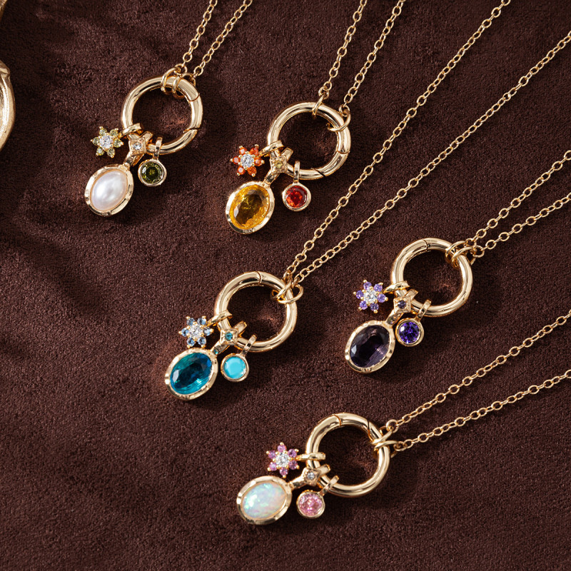 DIY Birthstone Necklace 12 Zodiac Stone Pendant Zircon Collarbone Chain Cross-Border Real Gold Plated Jewelry Wholesale Color Retention for Women