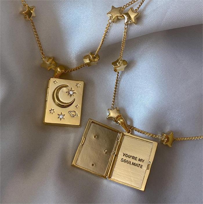 Open and Close Star Moon Inlaid Diamond Necklace You're My Soulmate Artistic Retro Collarbone Chain