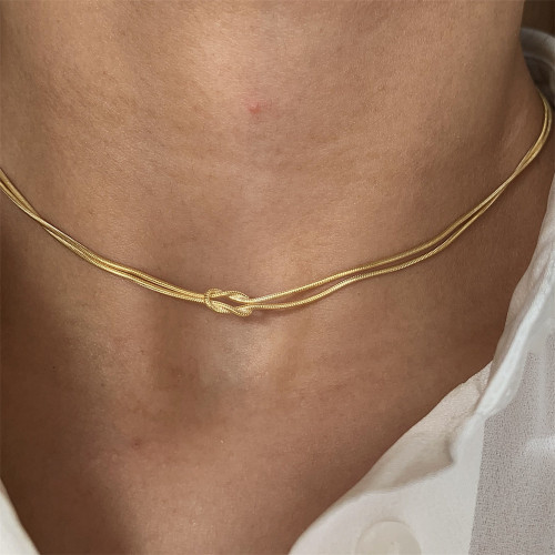 Stainless Steel Valentine's Day Knot Snake Chain Necklace Handmade Knot Collarbone Chain Herringbone Bracelet Gold Plated Color Retention Jewelry