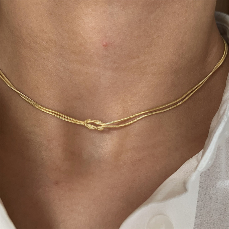 Stainless Steel Valentine's Day Knot Snake Chain Necklace Handmade Knot Collarbone Chain Herringbone Bracelet Gold Plated Color Retention Jewelry