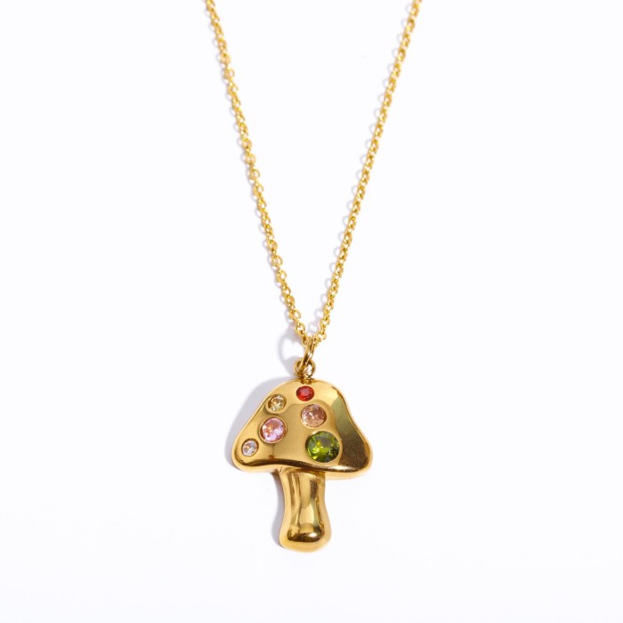 Stainless Steel New Product Golden Mushroom Necklace Lucky Symbol Inlaid Zircon Necklace Furnace Electroplated Real G...