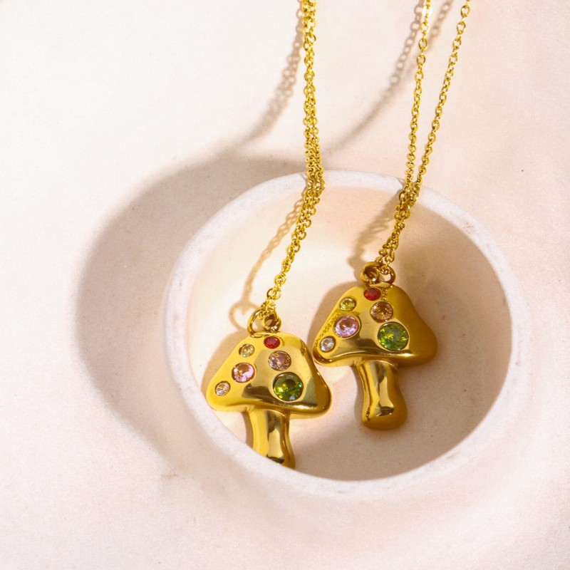 Stainless Steel Cross-Border New Product Golden Mushroom Necklace Lucky Symbol Inlaid Zircon Necklace Furnace Electroplated Real Gold Color Retention