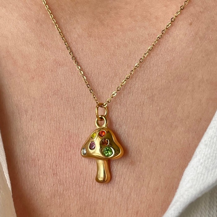 Stainless Steel New Product Golden Mushroom Necklace Lucky Symbol Inlaid Zircon Necklace Furnace Electroplated Real G...
