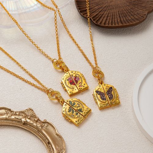 Stainless Steel Painted Light Luxury Pendant Necklace Open and Close Gate of Rebirth Hand-painted Flower Heart Pendant Sweater Chain