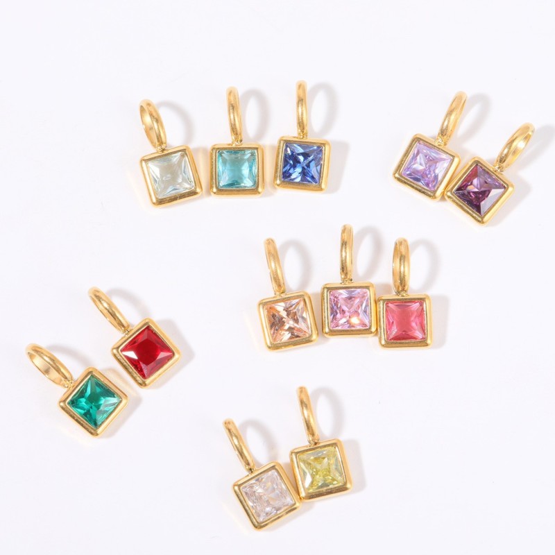 Stainless Steel Colorful 12 Birthstone Pendant DIY Accessories Necklace for Women Twelve Birthstone Square Colorful Zircon Pendant