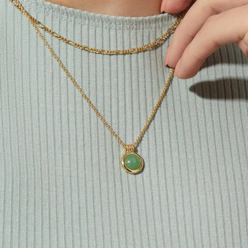 Highly Praised New European and American Green Aventurine Natural Stone Necklace Double Layer Stacked Figaro Chain 24K Real Gold