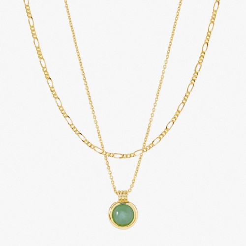 Highly Praised New European and American Green Aventurine Natural Stone Necklace Double Layer Stacked Figaro Chain 24K Real Gold