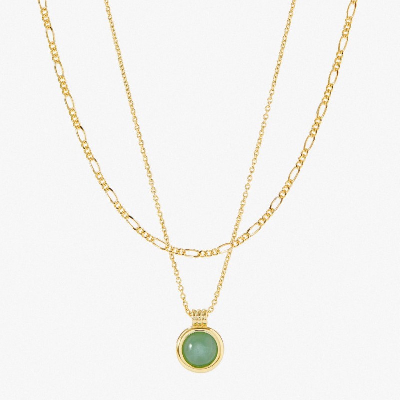 Highly Praised New European and American Green Aventurine Natural Stone Necklace Double Layer Stacked Figaro Chain 24K Real Gold