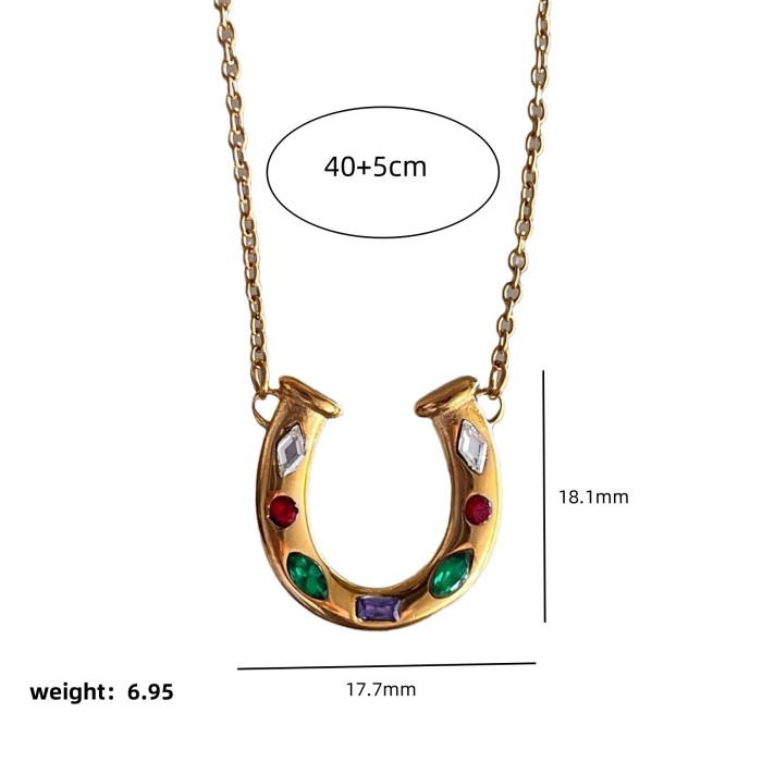 Rainbow Element Horseshoe U-Shaped Kaleidoscope Lucky Symbol Inlaid Zircon Necklace for Women Stainless Steel Color R...