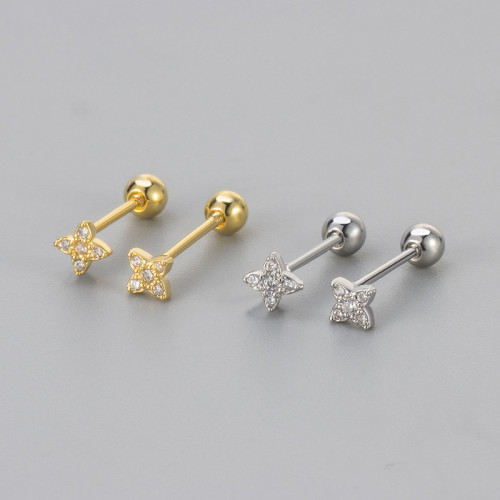 New compact mini diamond-encrusted four-leaf clover screw-on earrings, versatile for everyday fashion, simple and stylish women's earrings