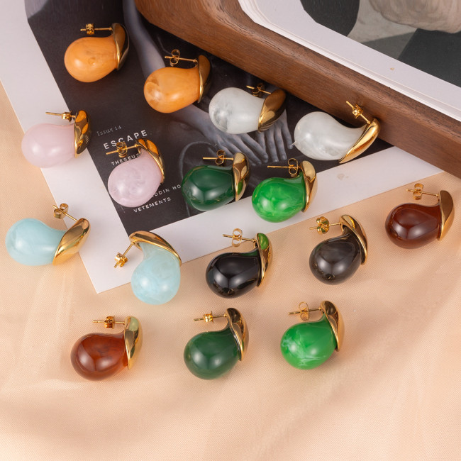 Cross-border European and American style fashion water drop colorful earrings, stainless steel color-retaining resin earrings, versatile spring and summer ear accessories