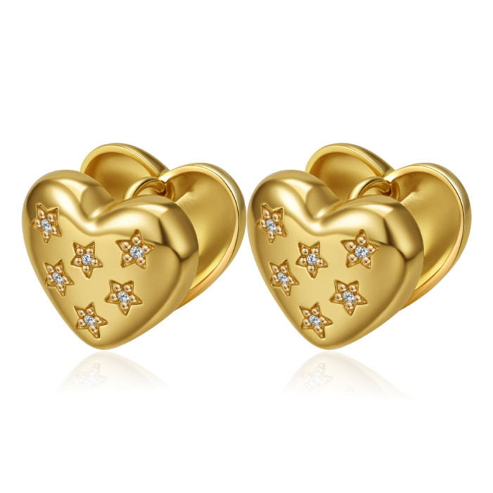 New cross-border style pentagram heart-shaped smooth earrings, fashionable titanium steel cast real gold geometric earrings