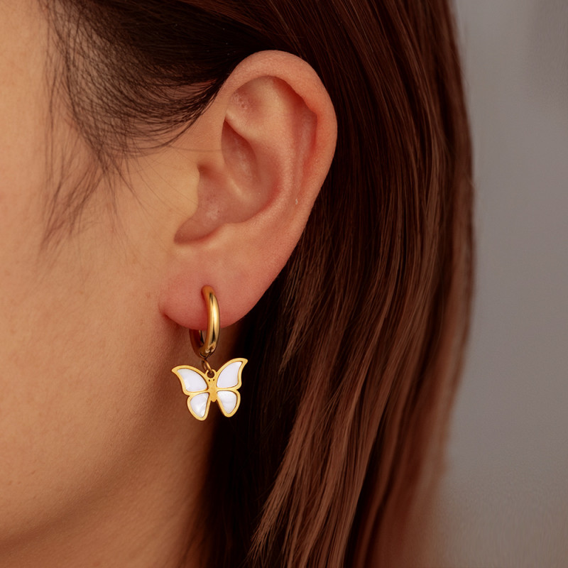 INS cross-border direct supply fashion stainless steel shell butterfly earrings for women, 18K plated versatile high-end round earrings