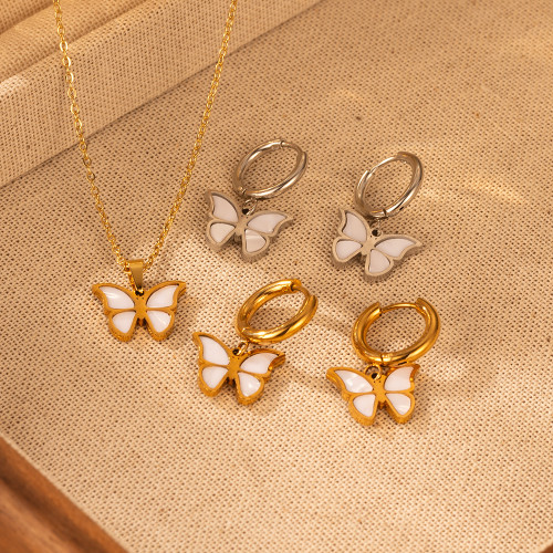 INS cross-border direct supply fashion stainless steel shell butterfly earrings for women, 18K plated versatile high-end round earrings