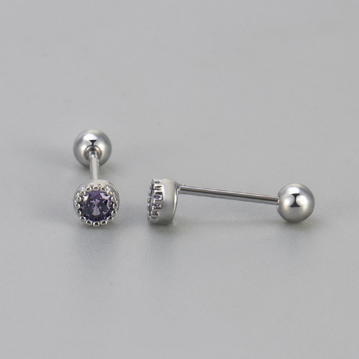 New round diamond colored zircon screw-on earrings, versatile for everyday wear, niche design women's ear accessories