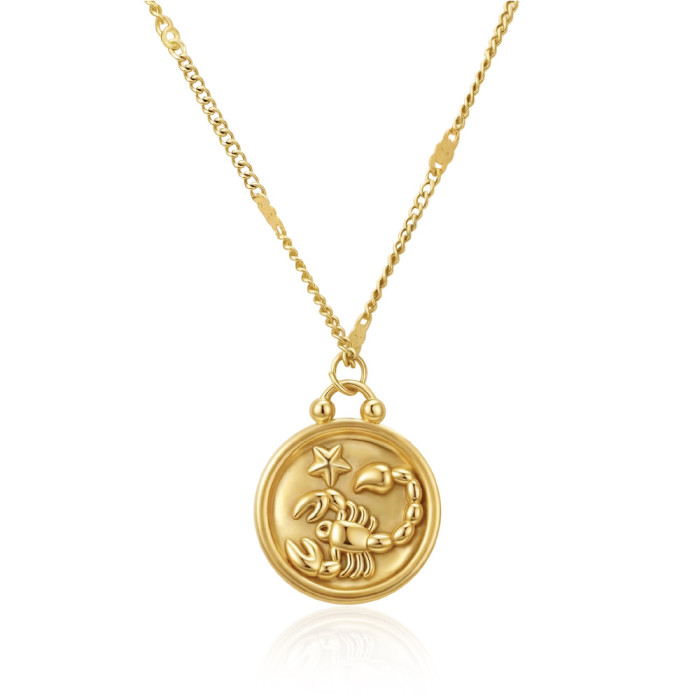 Cross-border real gold electroplated patterned round pendant, twelve zodiac signs stainless steel necklace, light luxury fashion titanium steel collarbone chain