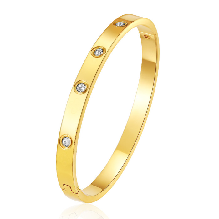 Fashionable round stainless steel clasp bracelet PVD18K electroplated with diamonds, versatile titanium steel bracelet and earrings for women, wholesale