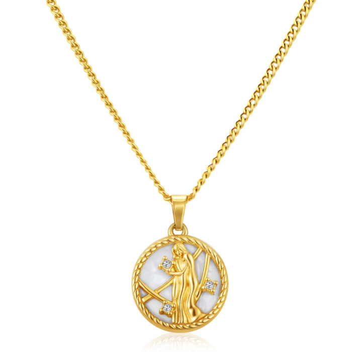 Cross-border direct supply to Europe and America: Zodiac stainless steel necklace, versatile women's round PVD electroplated fashion shell chain