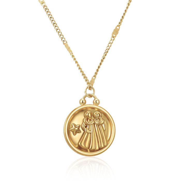 Cross-border real gold electroplated patterned round pendant, twelve zodiac signs stainless steel necklace, light luxury fashion titanium steel collarbone chain