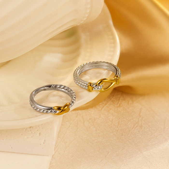 2025 Fall/Winter Collection Two-Tone Stainless Steel Cross Ring for Women, Light Luxury with a High-End Feel, Woven Pattern Ring with PVD Coating