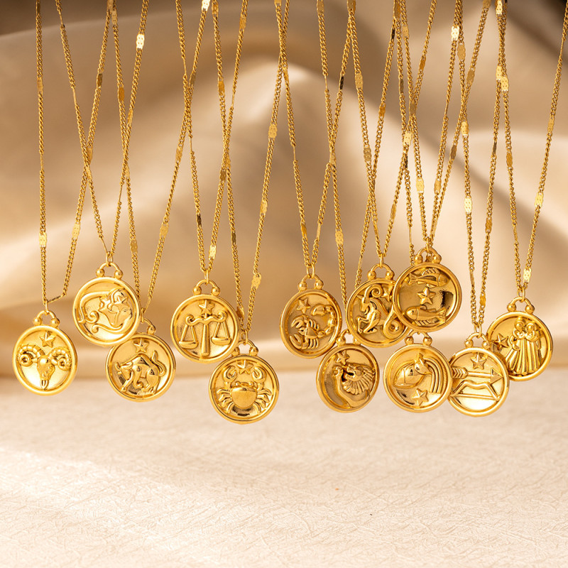 Cross-border real gold electroplated patterned round pendant, twelve zodiac signs stainless steel necklace, light luxury fashion titanium steel collarbone chain