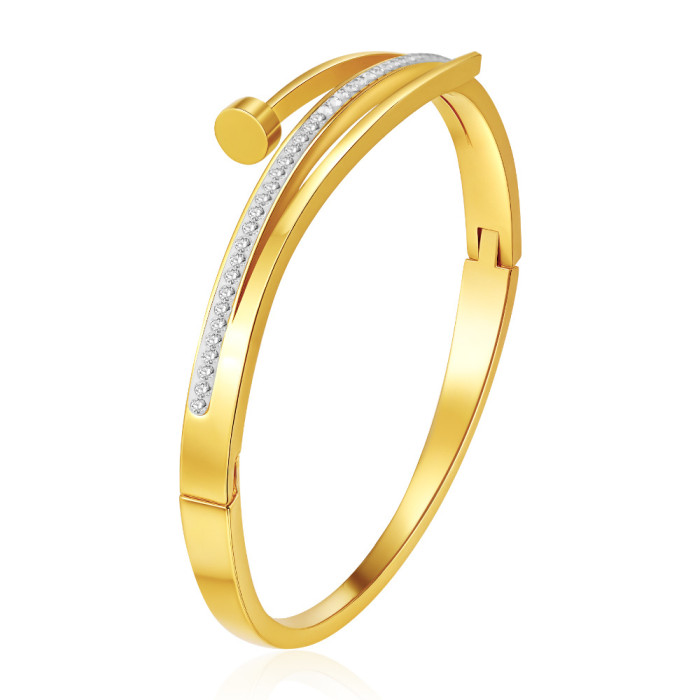 Fashionable round stainless steel clasp bracelet PVD18K electroplated with diamonds, versatile titanium steel bracelet and earrings for women, wholesale