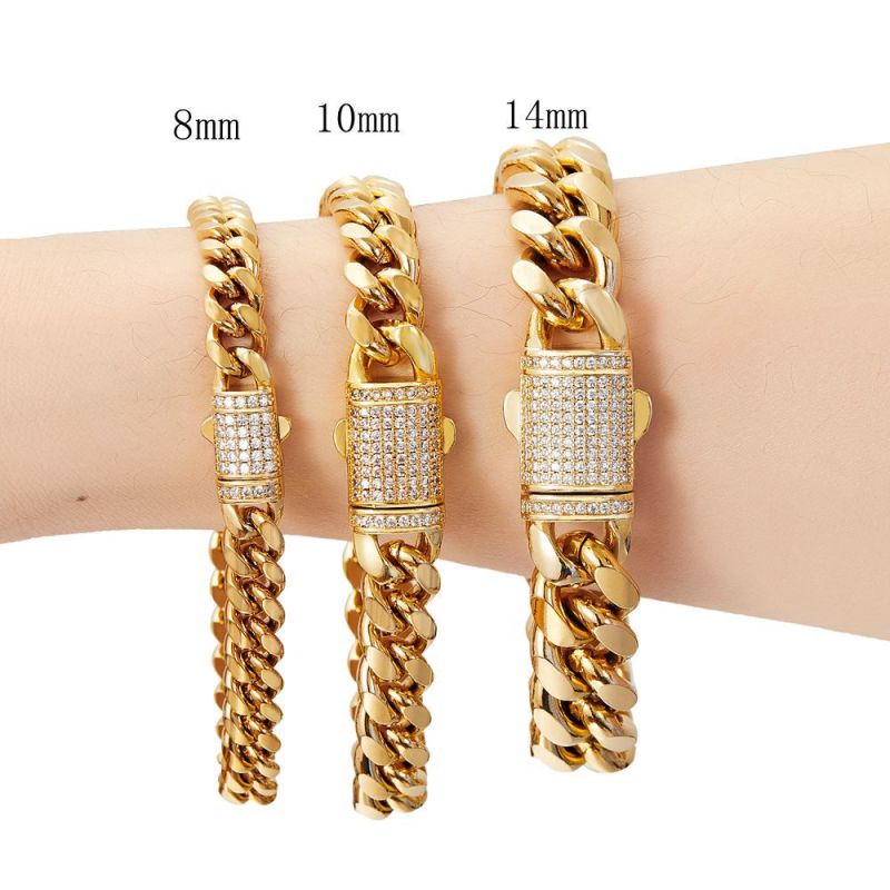 Men's 18K Stainless Steel Bracelet, Titanium Steel Cuban Chain, Encrypted Chain with Micro-Inlaid Zircon, Copper Clasp, 6-14mm JMEZ