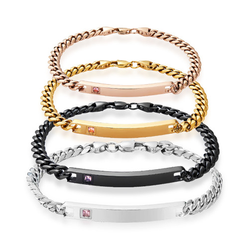 Amazon European and American minimalist engraved bracelet, stainless steel Cuban chain with diamond-encrusted curved tag, couple's bracelet, dropshipping available