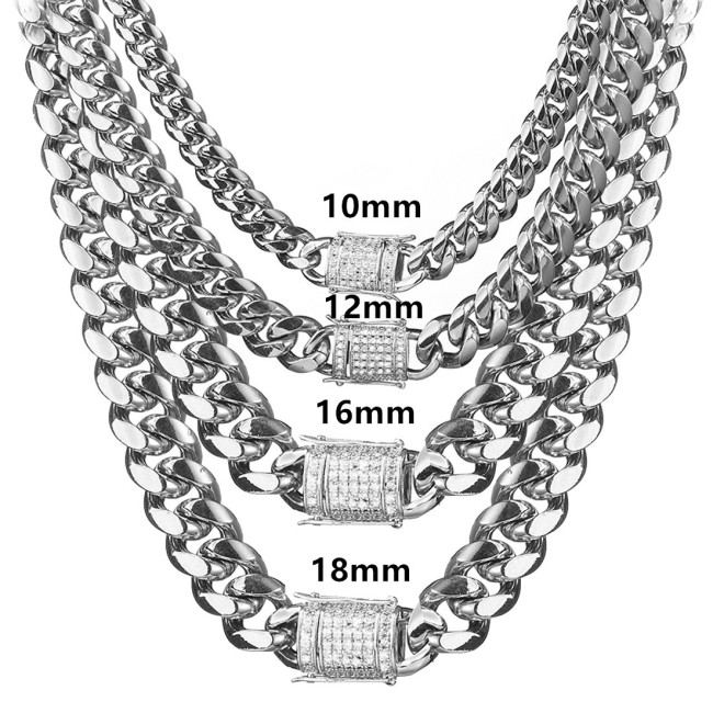 Cross-border e-commerce supply: Steel-colored titanium steel stainless steel Cuban chain necklace with micro-inlaid white diamonds and encrypted clasp JMZK