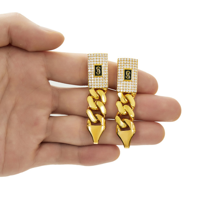 New women's jewelry set: stainless steel Cuban chain pendant earrings with micro-inlaid zirconia and S-clasp, fashionable and trendy