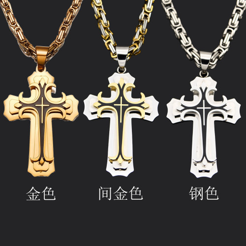 Cross-border e-commerce product: European and American double-layer etched and oiled cross pendant necklace, stainless steel and titanium steel men's jewelry