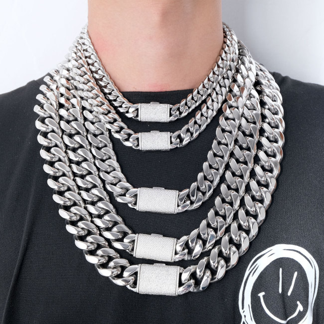12-22mm European and American Hip Hop Mirror Polished Stainless Steel Cuban Chain Necklace with Micro Inlaid Zircon and Copper Clasp JMBZ