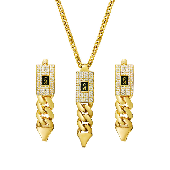 New women's jewelry set: stainless steel Cuban chain pendant earrings with micro-inlaid zirconia and S-clasp, fashionable and trendy