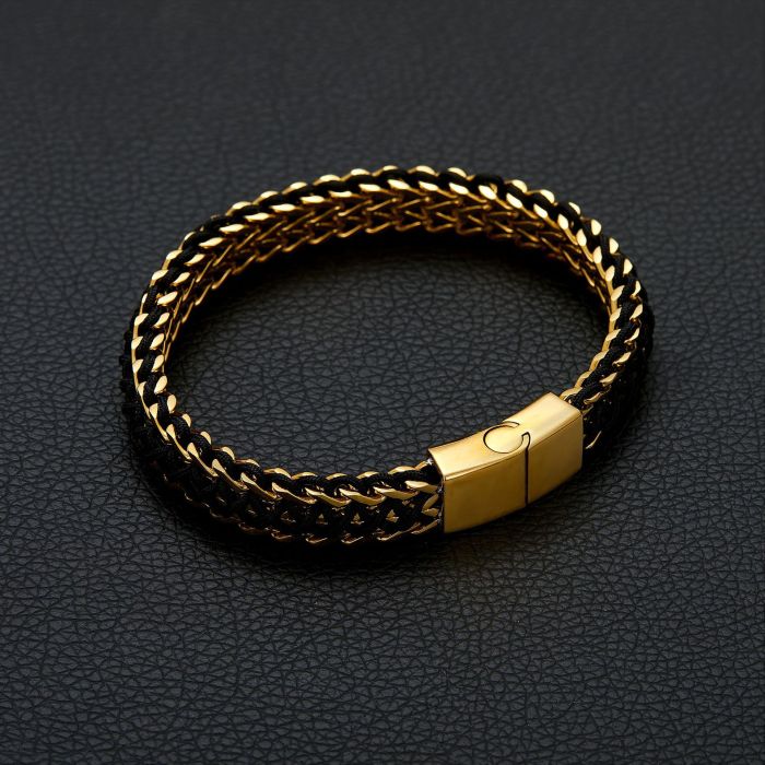 Men's Gold Double Row Welded Square Chain Bracelet Stainless Steel Braided Bracelet with Magnetic Clasp BZSZ